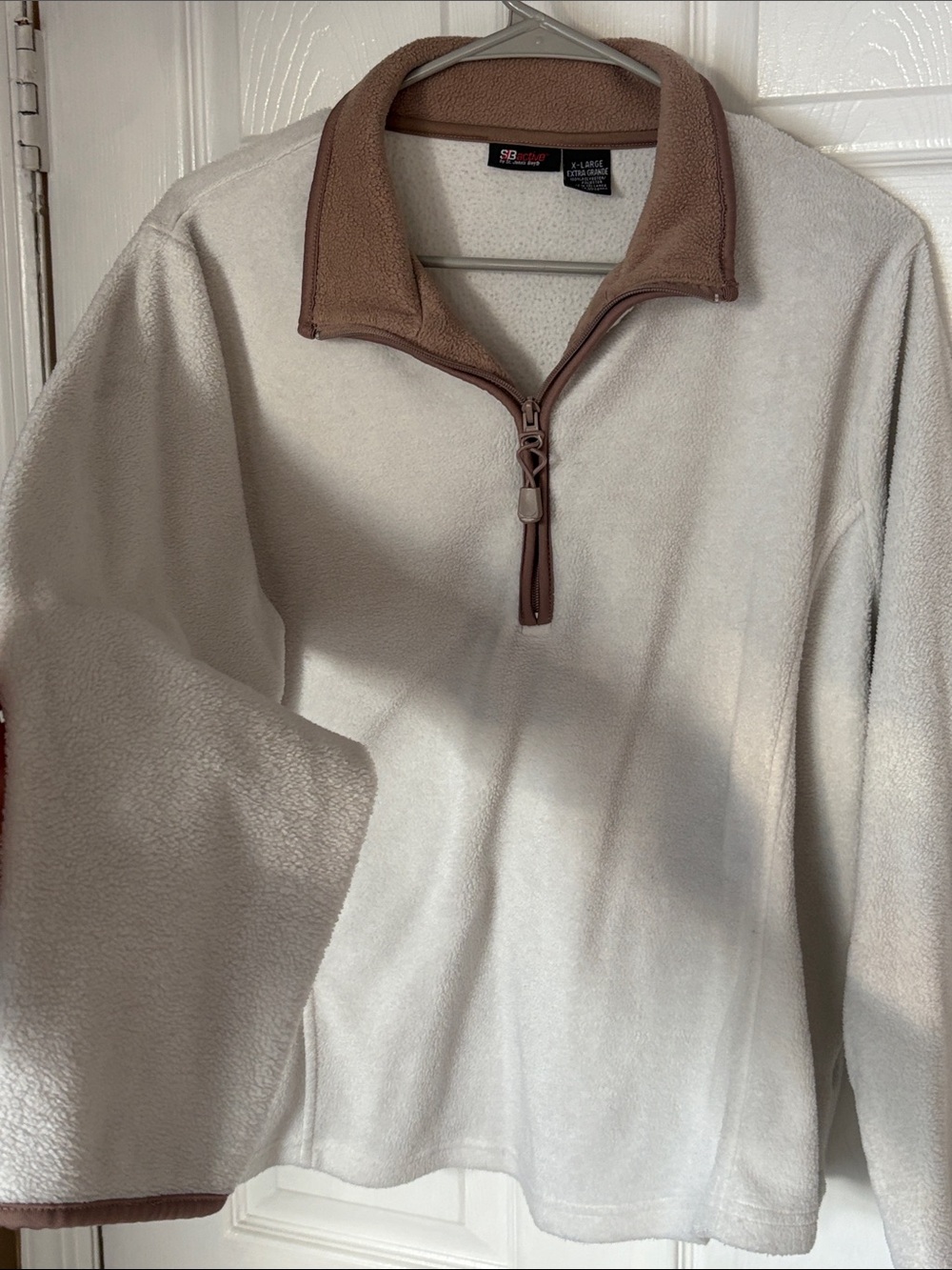 Men’s Cream Quarter-Zip Fleece Pullover with Brown Trim